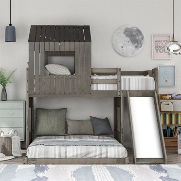 Newboti Furniture Twin over Full House Bunk Bed with Slide and Built-in ...