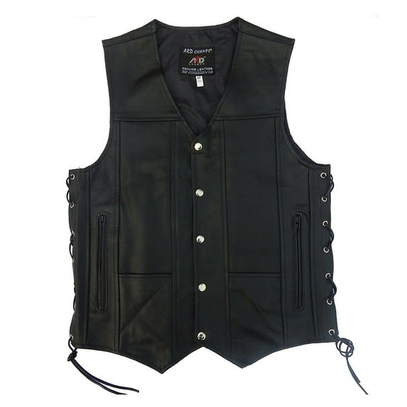 ARD CHAMPS™ Men's Black Genuine Leather 10 Pockets Motorcycle Biker Vest Size 11XL