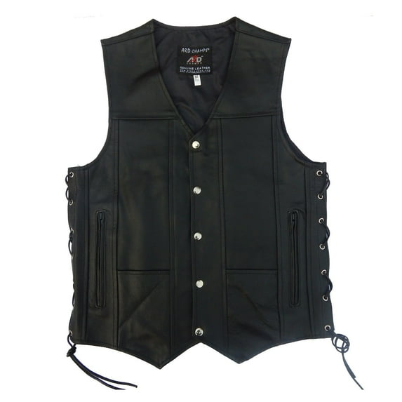 ARD CHAMPS™ Men's Black Genuine Leather 10 Pockets Motorcycle Biker Vest Size 6XL