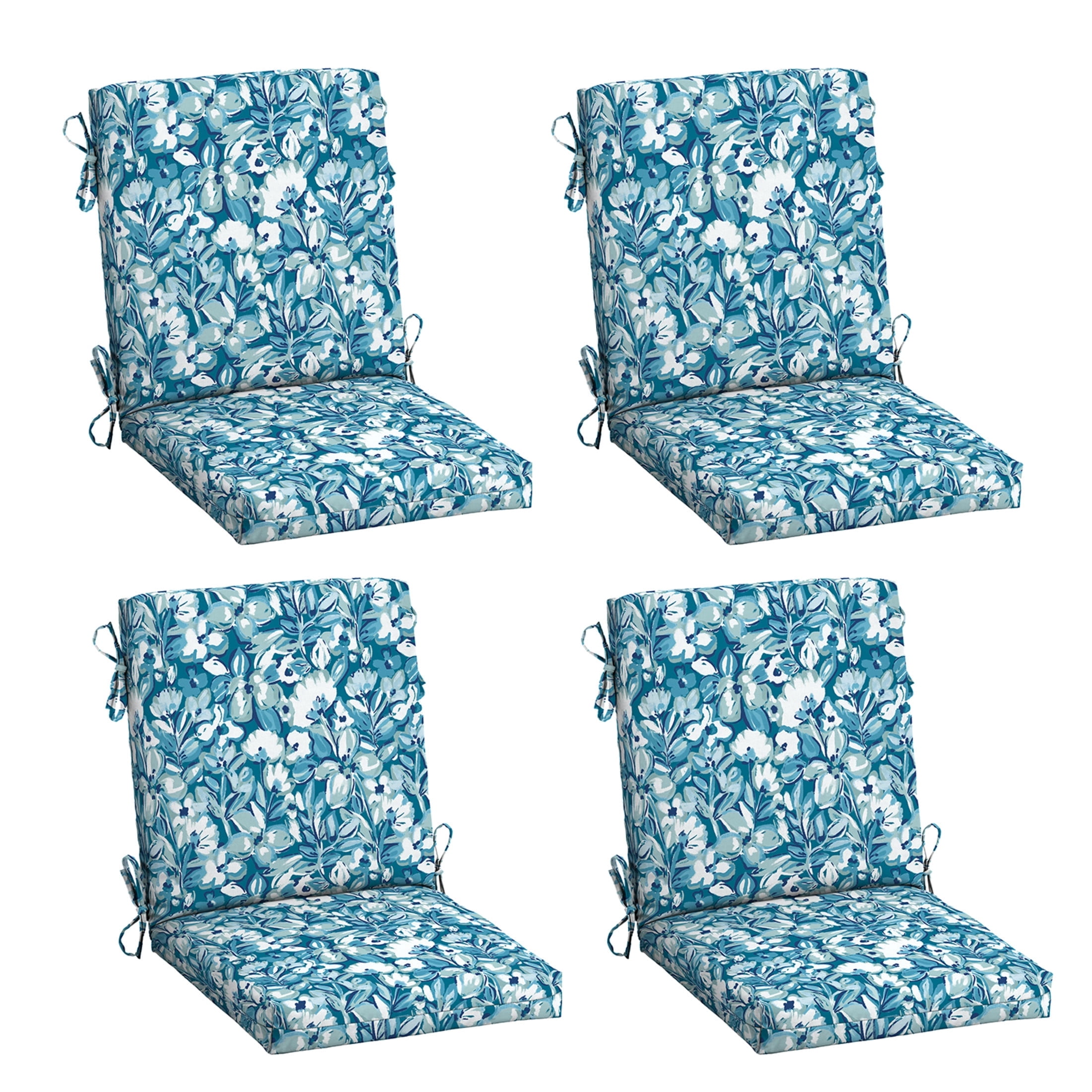 ARDEN 4-Pack Outdoor Patio Dining Chair Cushion, 20x44, Rain-Proof Seat Pad, Fade-Resistant Outdoor Cushion Aqua Blue Fusion Floral