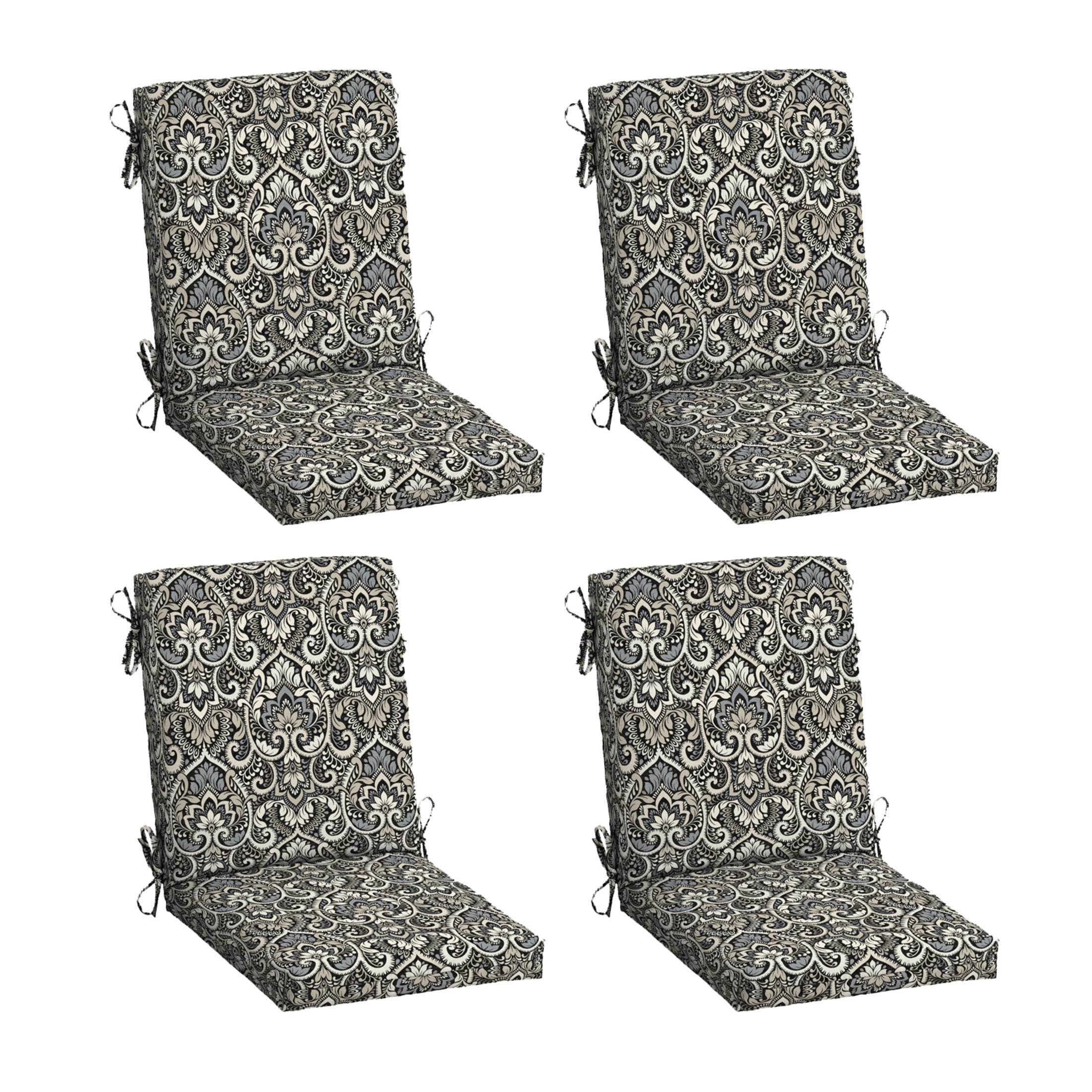 ARDEN 4-Pack Outdoor Patio Dining Chair Cushion, 20x44, Rain-Proof Seat Pad, Fade-Resistant Outdoor Cushion Black Aurora Damask