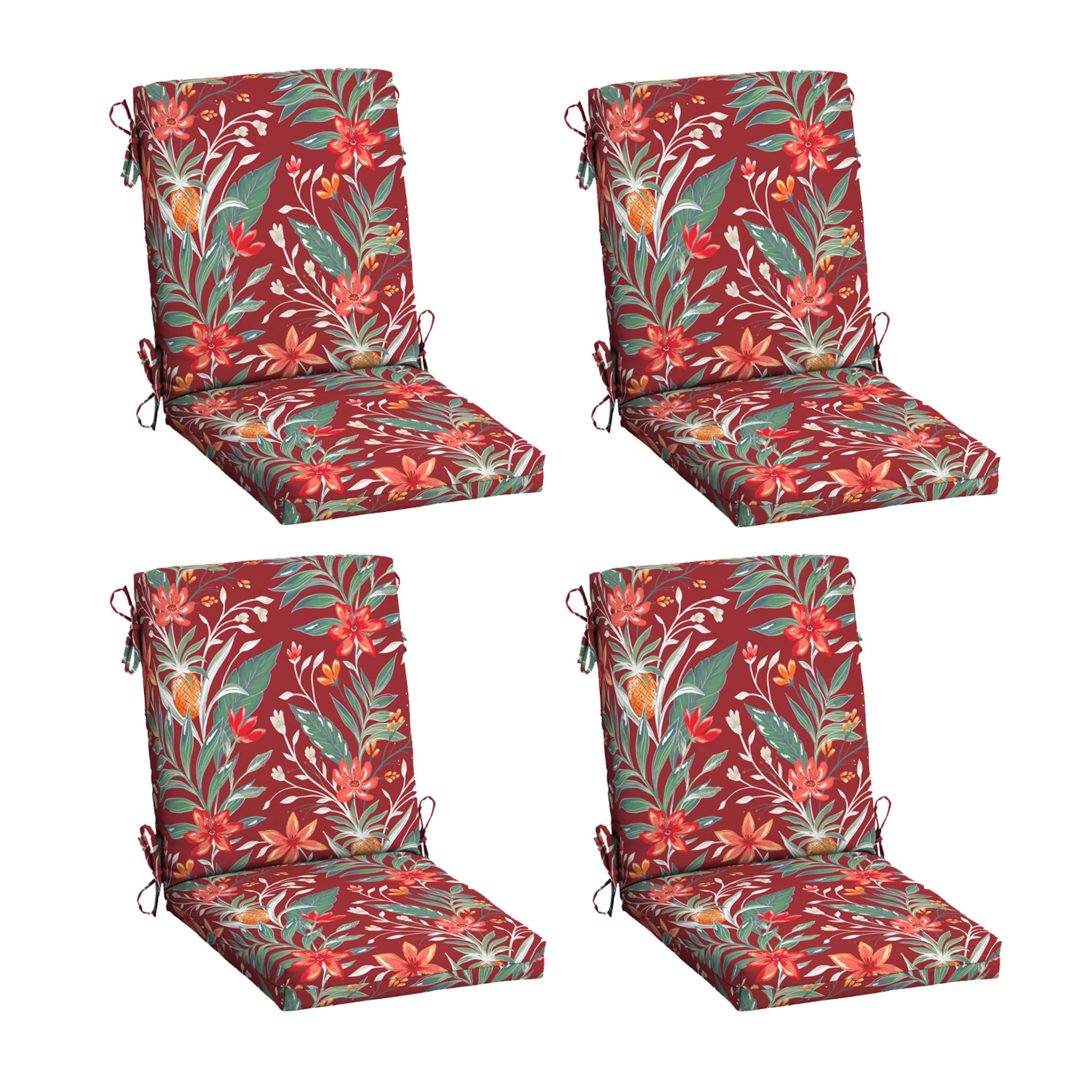 ARDEN 4-Pack earthFIBER Outdoor Patio Dining Chair Cushion, 20x44, Rain-Proof Seat Pad, Fade-Resistant Outdoor Cushion Luau Red Tropical Floral
