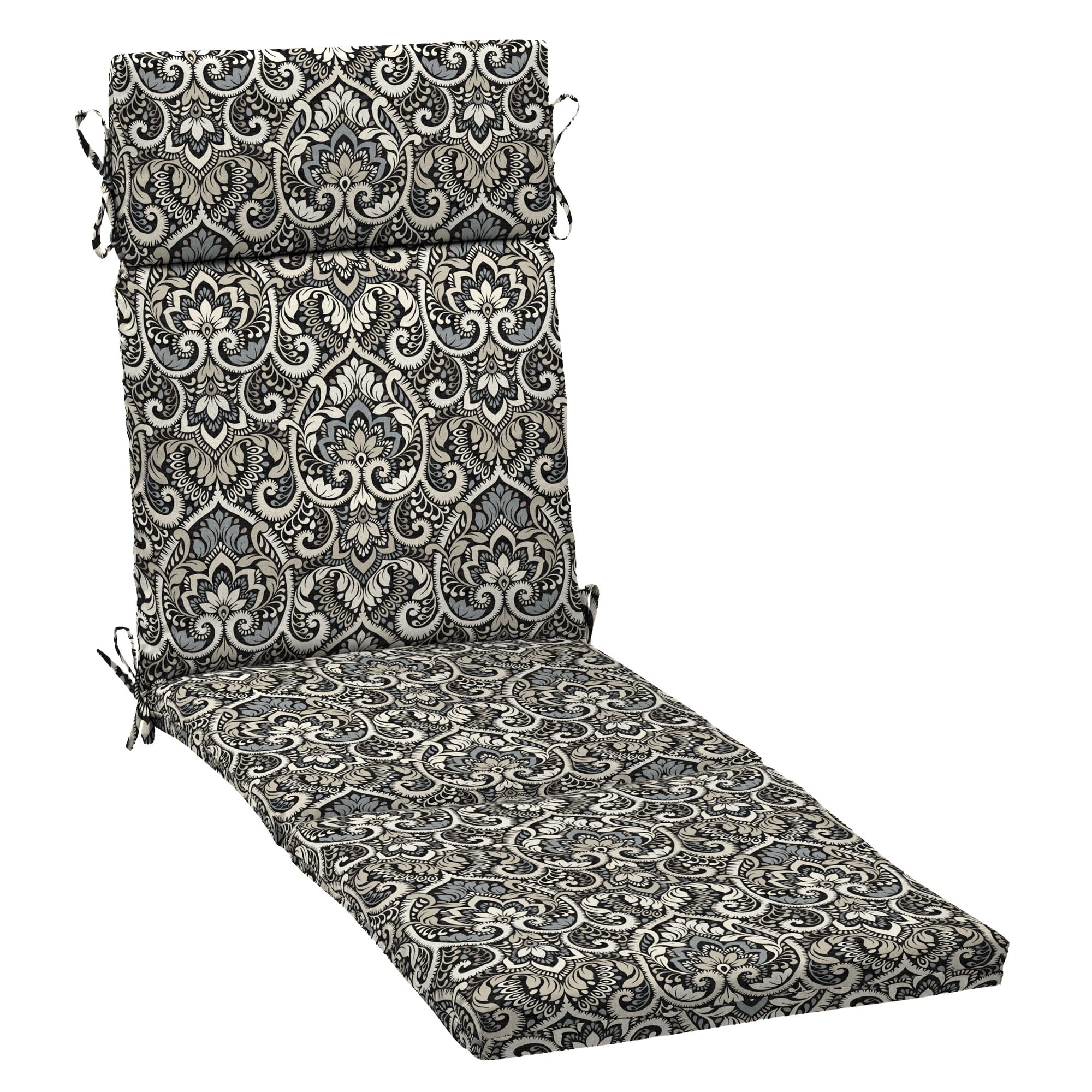Black Aurora Damask Outdoor Chaise Lounge Cushion, 72 x 21 Inches