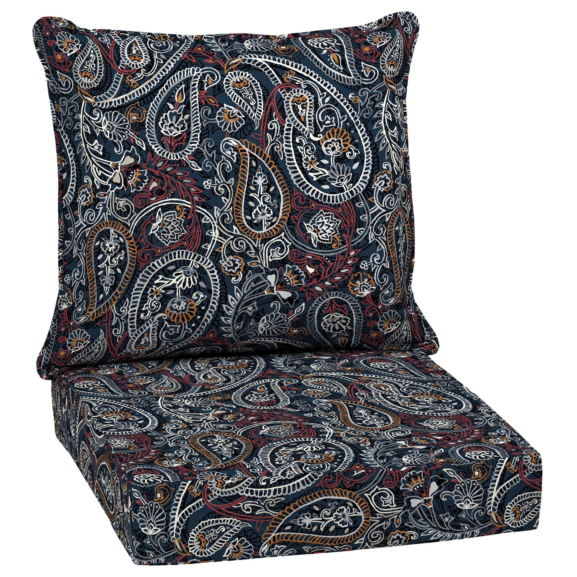ARDEN Outdoor Deep Seat Cushion Set, 24 x 24, Water Repellant, Fade Resistant, Deep Seat Bottom and Back Cushion for Chair, Sofa, and Couch, Navy Palmira Paisley