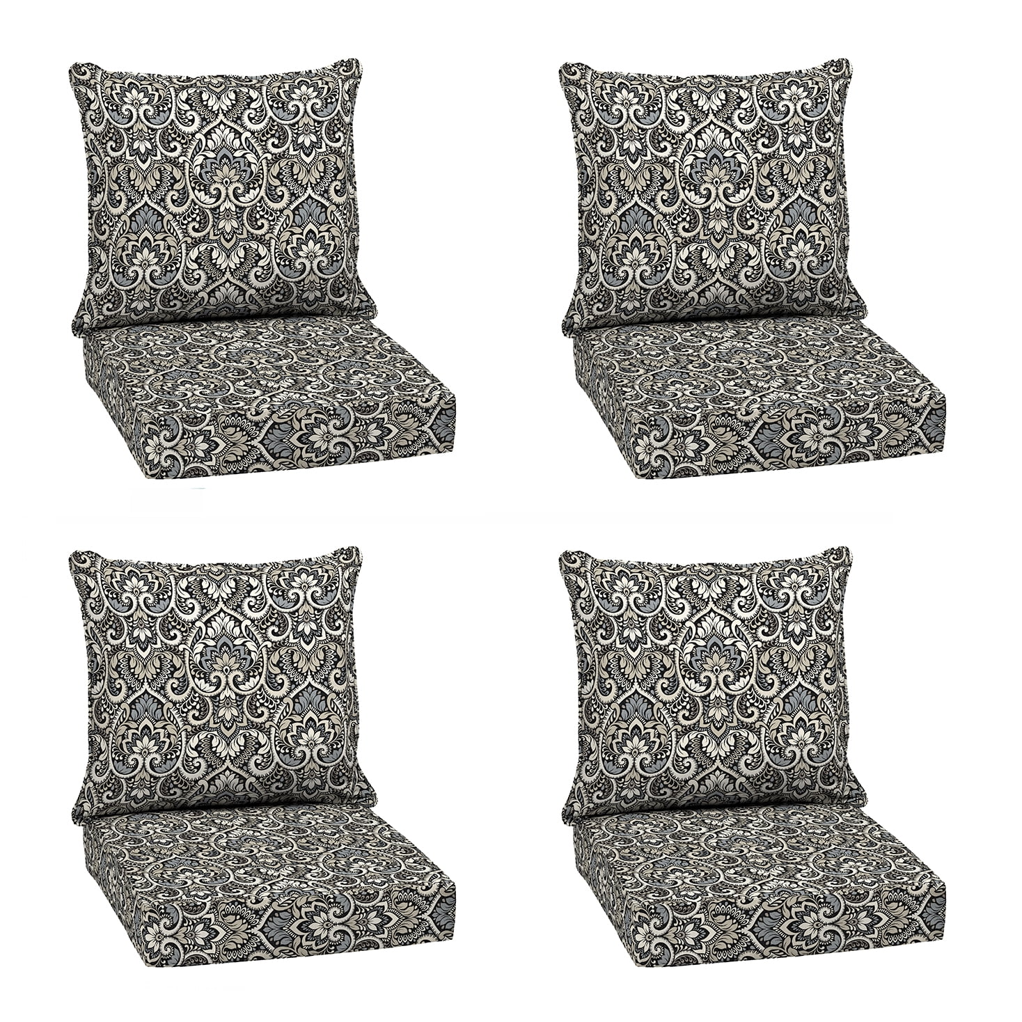 ARDEN Outdoor Deep Seat Cushion Set (4-Pack), 24 in x 24 in, Weather-Proof, Rain-Proof, Fade Resistant Patio Cushion for Chair, Sofa, and Couch Black Aurora Damask