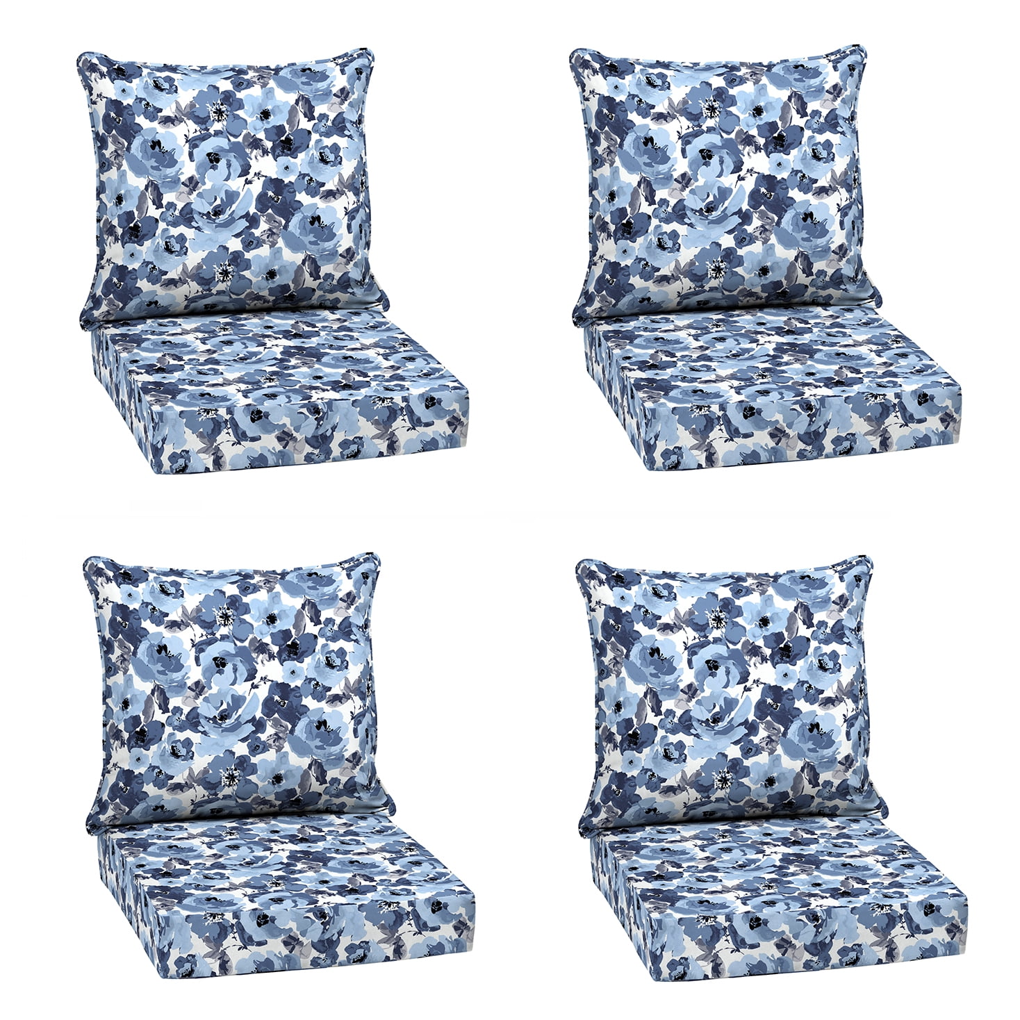 ARDEN Outdoor Deep Seat Cushion Set (4-Pack), 24 in x 24 in, Weather-Proof, Rain-Proof, Fade Resistant Patio Cushion for Chair, Sofa, and Couch Blue Garden Floral