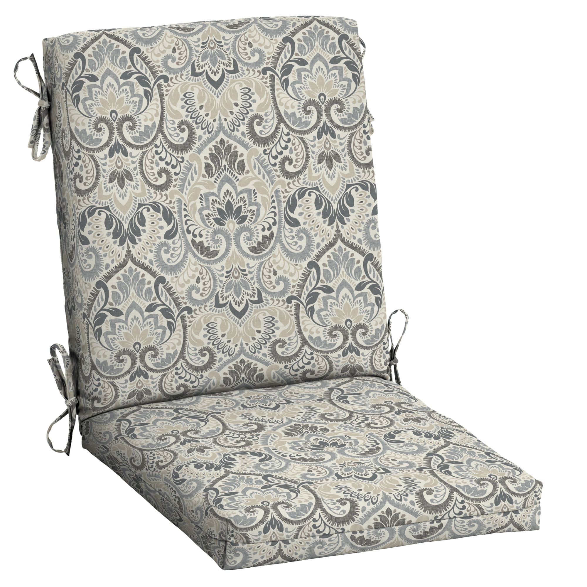 Neutral Aurora Damask Outdoor Dining Chair Cushion with Ties