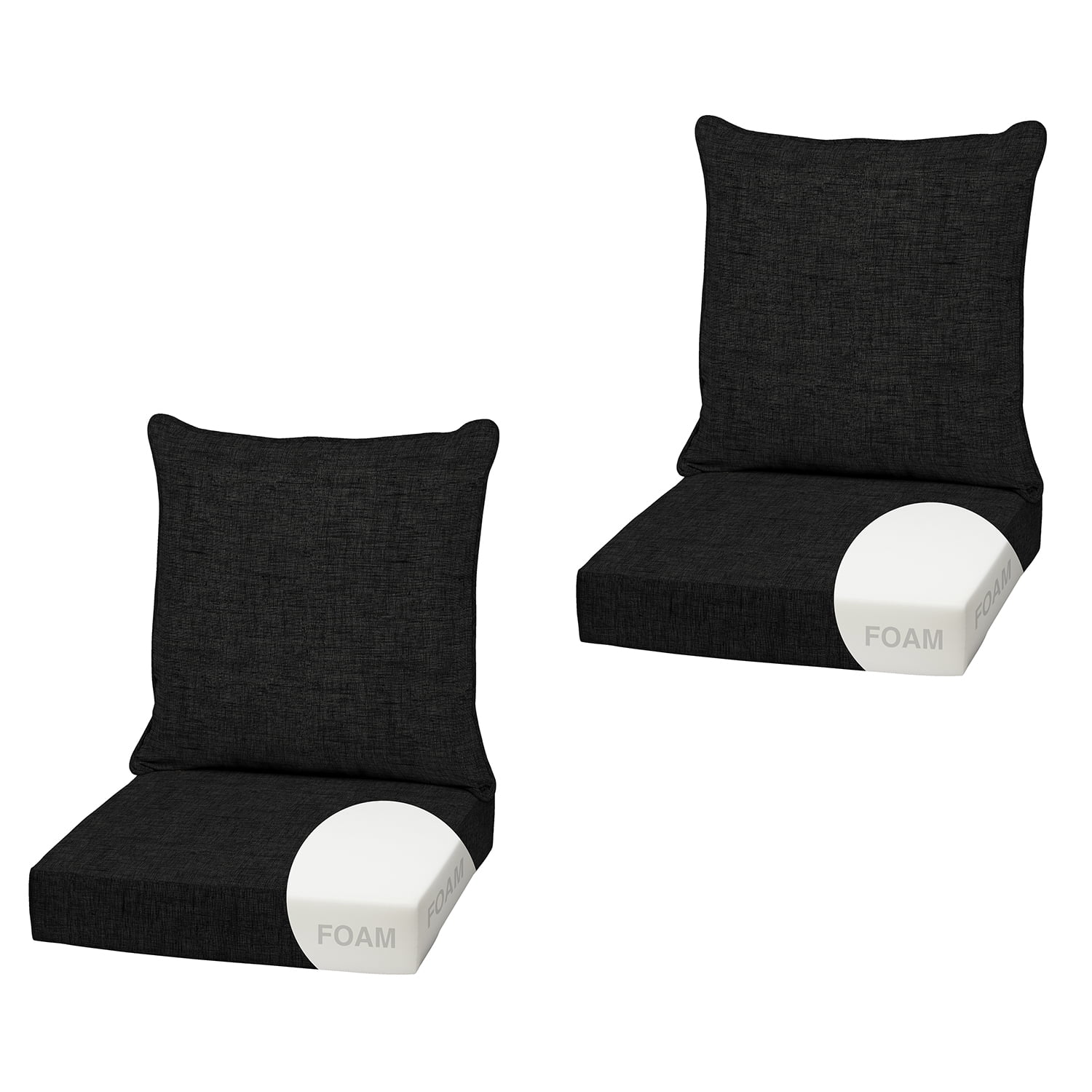 ARDEN Outdoor Foam Deep Seat Cushion (2-Pack), 22x24, Premium High-Density Foam, Never Flattens, Weather-Proof for Patio Chair Sofa Couch, Black Leala