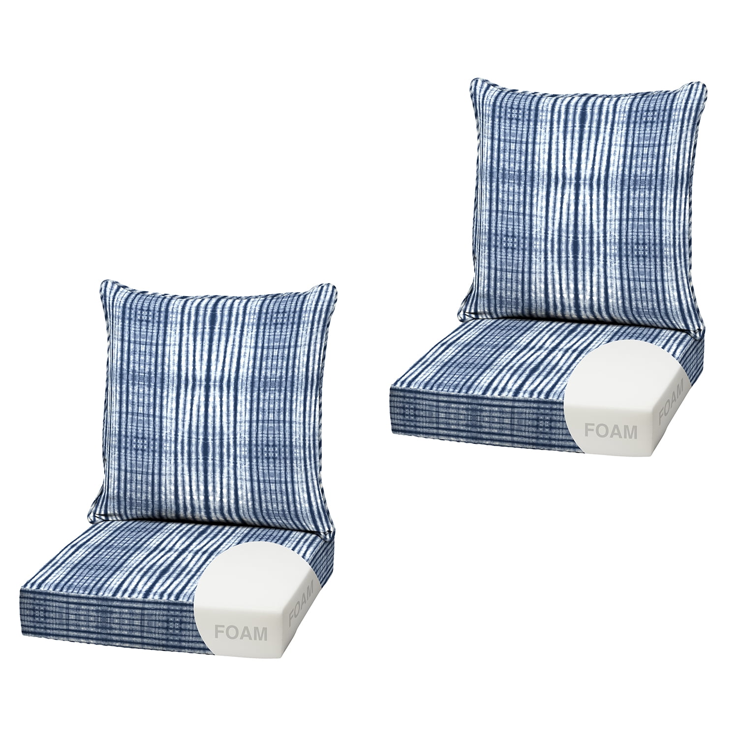 ARDEN Outdoor Foam Deep Seat Cushion (2-Pack), 22x24, Premium High-Density Foam, Never Flattens, Weather-Proof for Patio Chair Sofa Couch, Blue Shibori Stripe