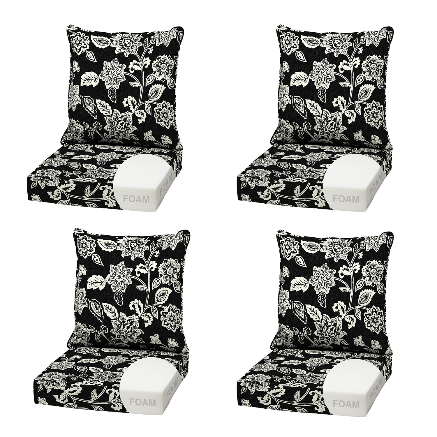 ARDEN Outdoor Foam Deep Seat Cushion (4-Pack), 22x24, Premium High-Density Foam, Never Flattens, Weather-Proof for Patio Chair Sofa Couch, Ashland Black Jacobean