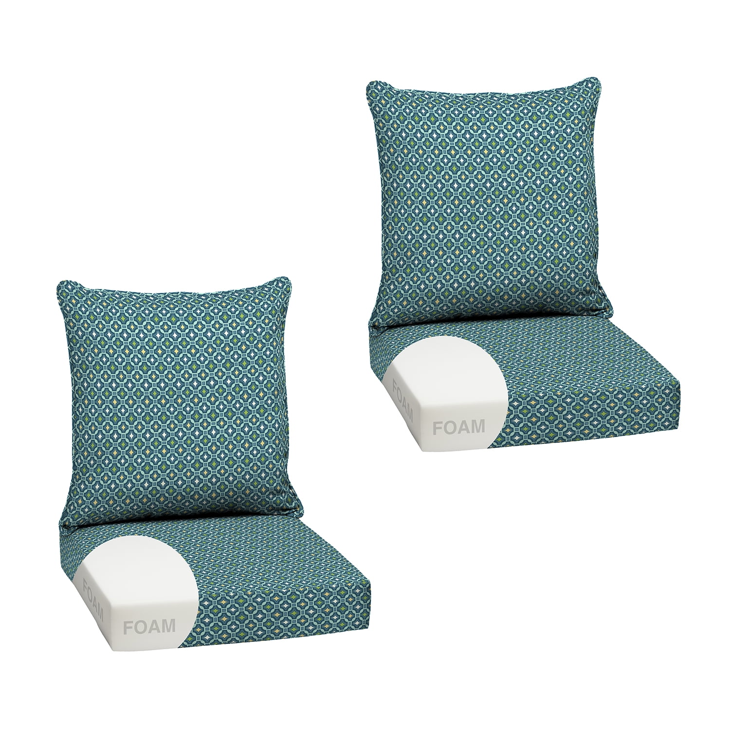 ARDEN Outdoor Foam Deep Seat Cushion Set (2-Pack), 24x24, Premium High-Density Foam, Never Flattens, Weather-Proof for Patio Chair Sofa Couch, Alana Tile