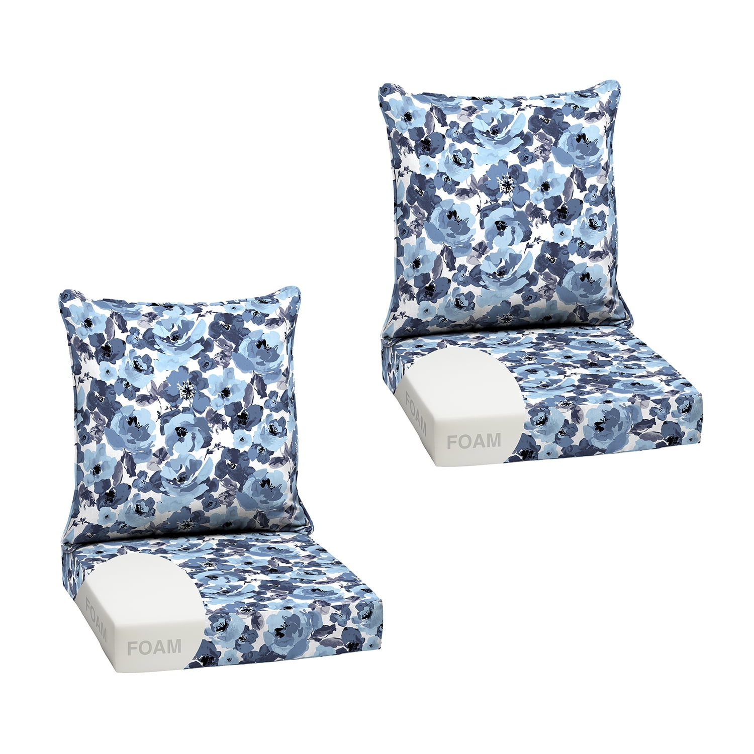 ARDEN Outdoor Foam Deep Seat Cushion Set (2-Pack), 24x24, Premium High-Density Foam, Never Flattens, Weather-Proof for Patio Chair Sofa Couch, Blue Garden Floral