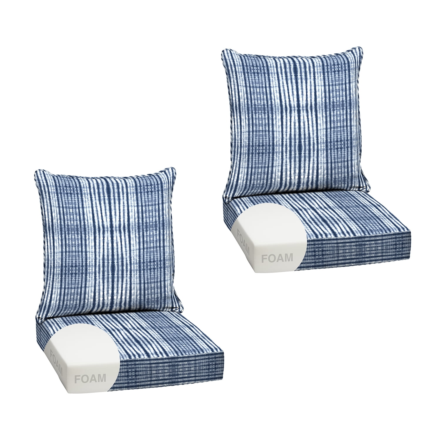 ARDEN Outdoor Foam Deep Seat Cushion Set (2-Pack), 24x24, Premium High-Density Foam, Never Flattens, Weather-Proof for Patio Chair Sofa Couch, Blue Shibori Stripe