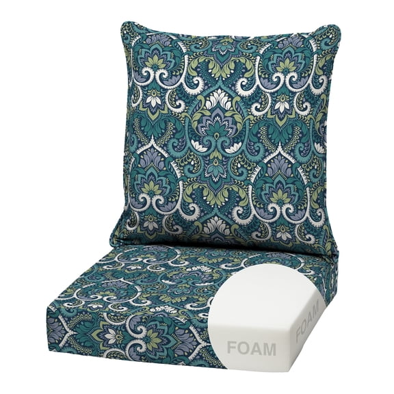 ARDEN Outdoor Foam Deep Seat Cushion Set, 22 in x 24 in, Weather-Proof, Fade Resistant Patio Cushion, Bottom and Back Cushion for Chair, Sofa, and Couch Sapphire Aurora Blue Damask