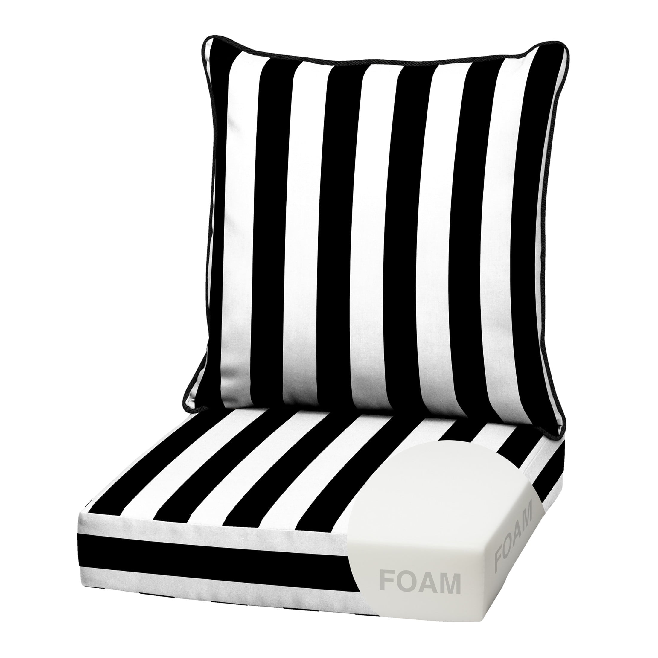 ARDEN Outdoor Foam Deep Seat Cushion Set, 22x24, Premium High-Density Foam, Never Flattens, Weather-Proof for Patio Chair Sofa Couch, Black Cabana Stripe