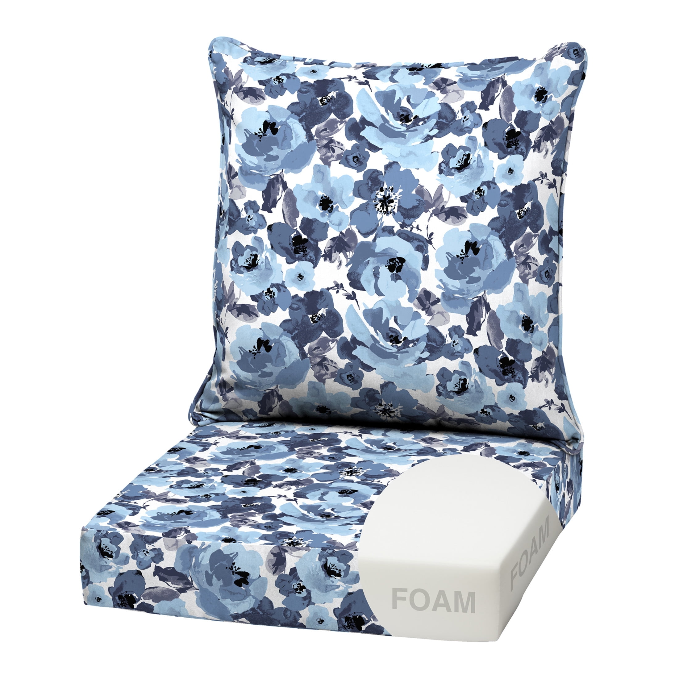 ARDEN Outdoor Foam Deep Seat Cushion Set, 22x24, Premium High-Density Foam, Never Flattens, Weather-Proof for Patio Chair Sofa Couch, Blue Garden Floral
