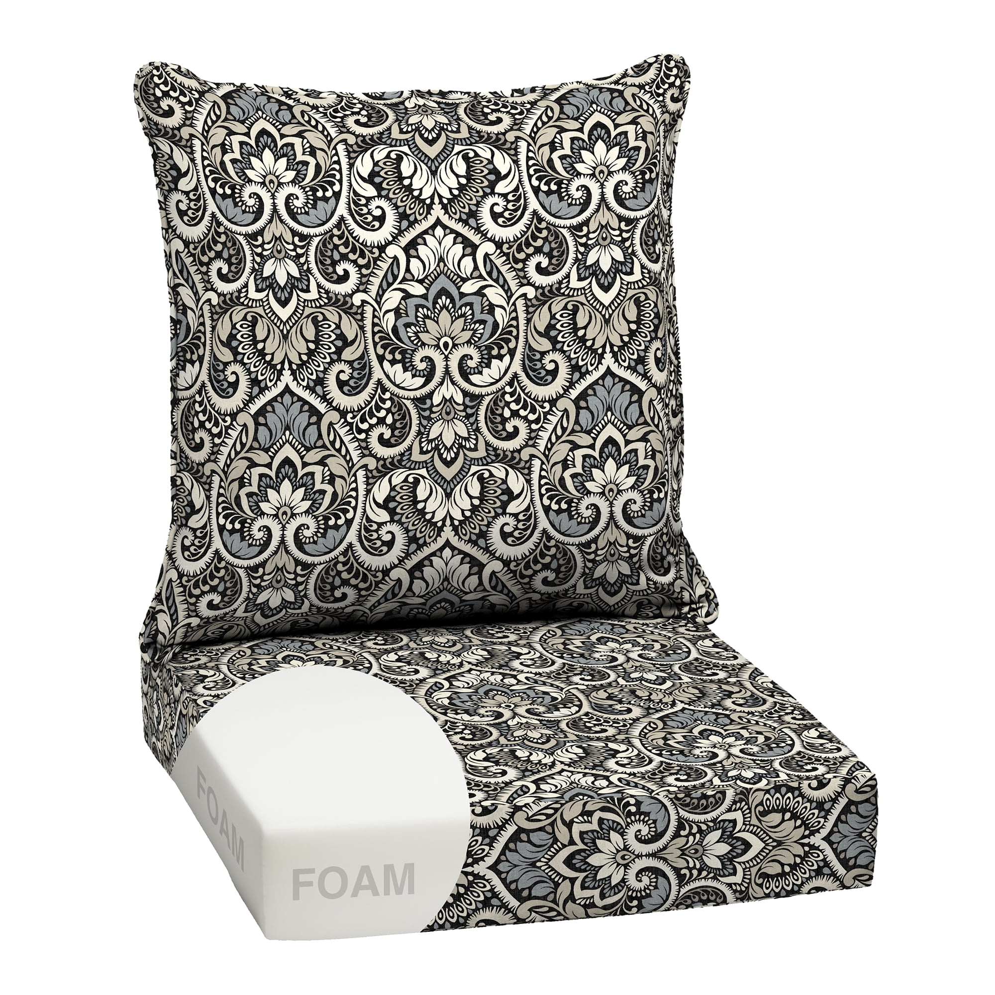 ARDEN Outdoor Foam Deep Seat Cushion Set, 24 in x 24 in, Weather-Proof, Rain-Proof, Fade Resistant Patio Cushion, Bottom and Back Cushion for Chair, Sofa, and Couch Black Aurora Damask