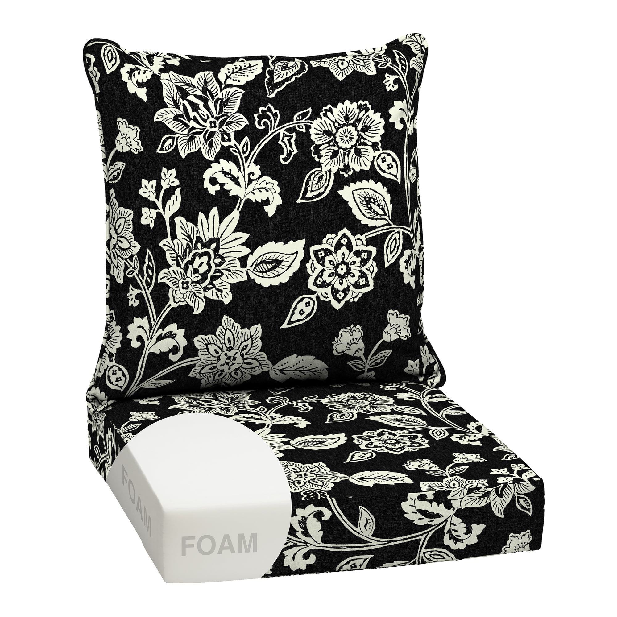 ARDEN Outdoor Foam Deep Seat Cushion Set, 24 in x 24 in, Weather-Proof, Rain-Proof, Fade Resistant Patio Cushion, Bottom and Back Cushion for Chair, Sofa, and Couch Ashland Black Jacobean