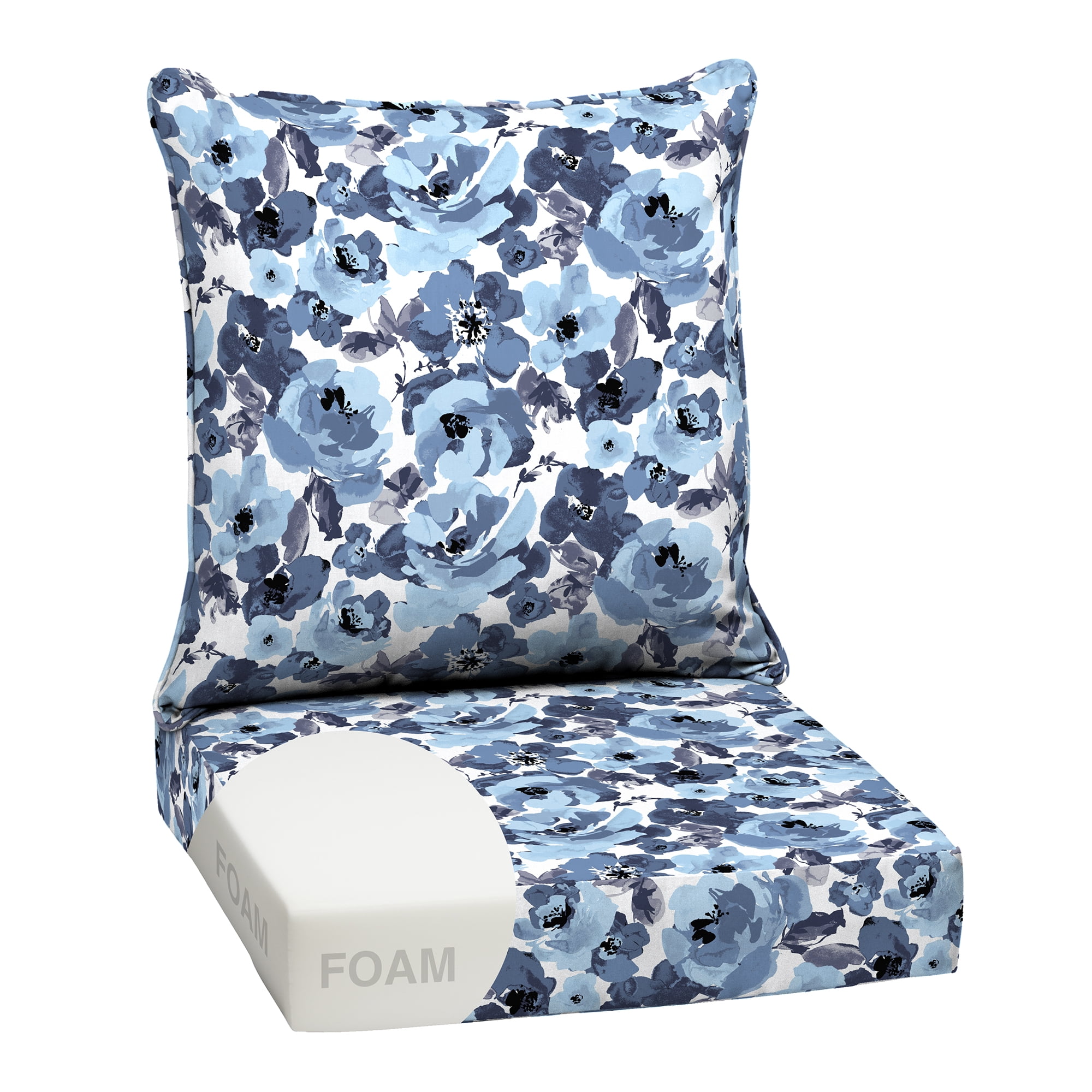 ARDEN Outdoor Foam Deep Seat Cushion Set, 24 in x 24 in, Weather-Proof, Rain-Proof, Fade Resistant Patio Cushion, Bottom and Back Cushion for Chair, Sofa, and Couch Blue Garden Floral