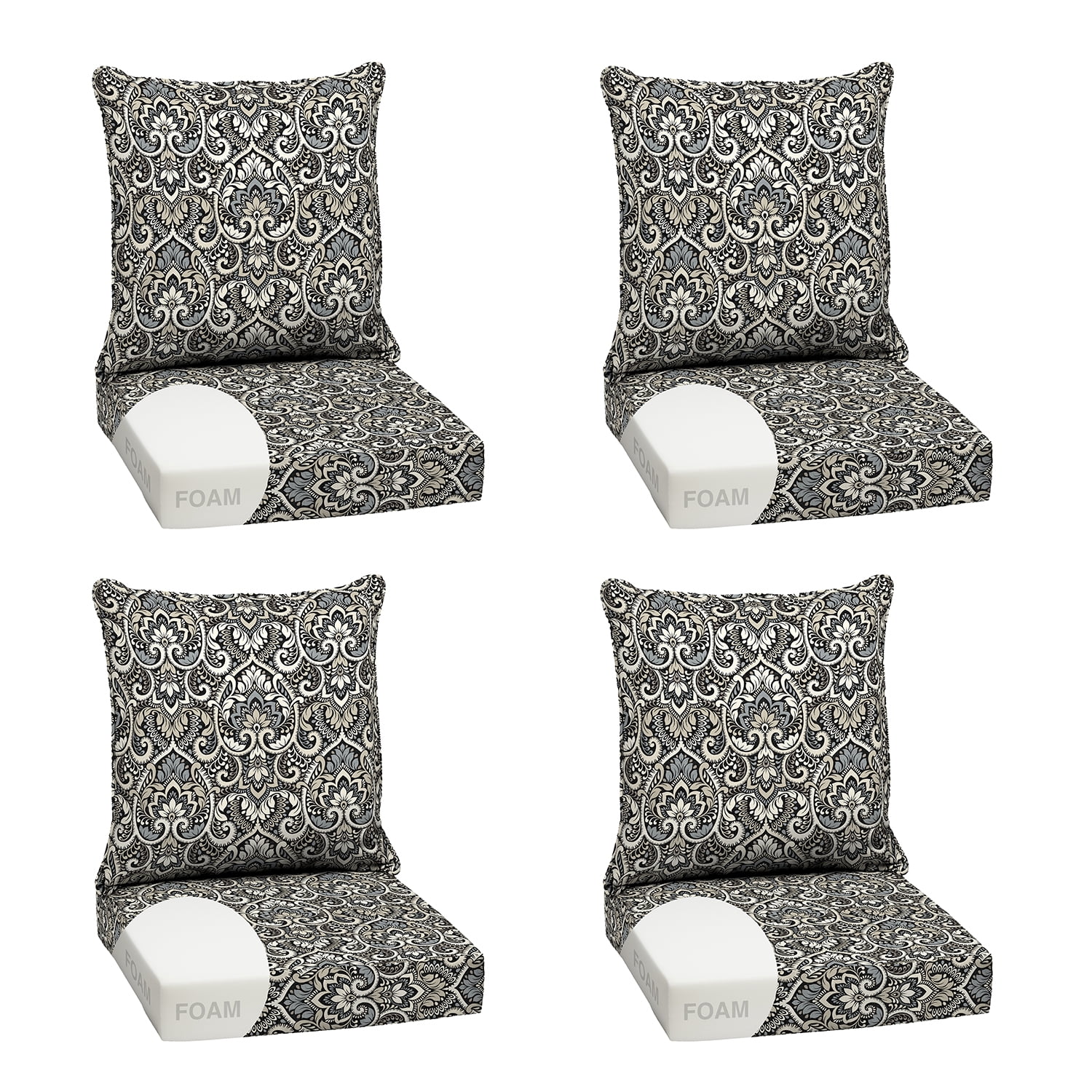 ARDEN Outdoor Foam Deep Seat Cushion Set (4-Pack), 24x24, Premium High-Density Foam, Never Flattens, Weather-Proof for Patio Chair Sofa Couch, Black Aurora Damask