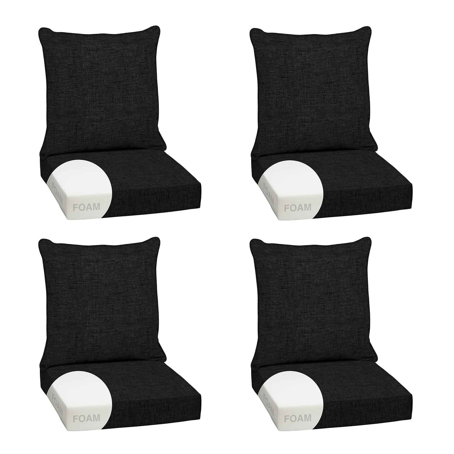 ARDEN Outdoor Foam Deep Seat Cushion Set (4-Pack), 24x24, Premium High-Density Foam, Never Flattens, Weather-Proof for Patio Chair Sofa Couch, Black Leala