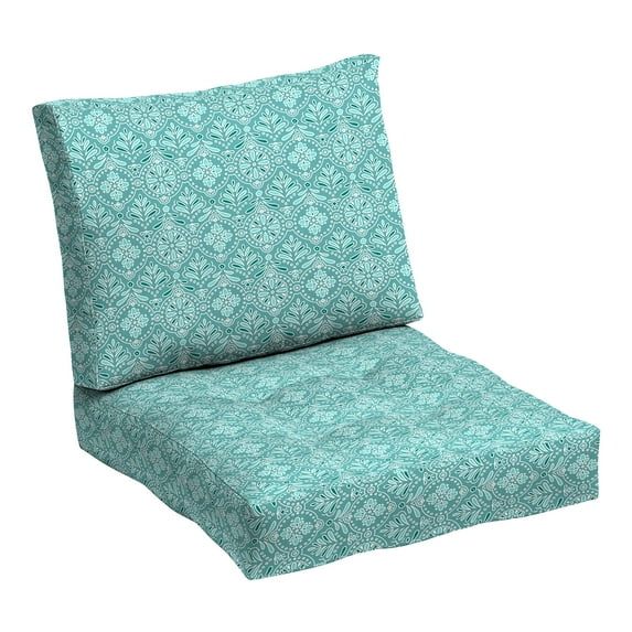 ARDEN Outdoor Plush Modern Tufted Blowfill Deep Seat Set, 24 x 24, Rain-Proof, Fade Resistant, Deep Seat Bottom and Back Cushion, Turquoise Daphne Medallion