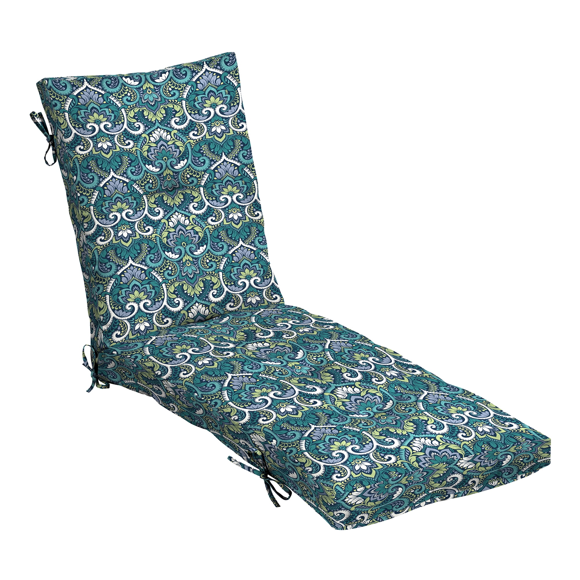 Sapphire Aurora Blue Damask Outdoor Tufted Chaise Cushion, 76 x 22