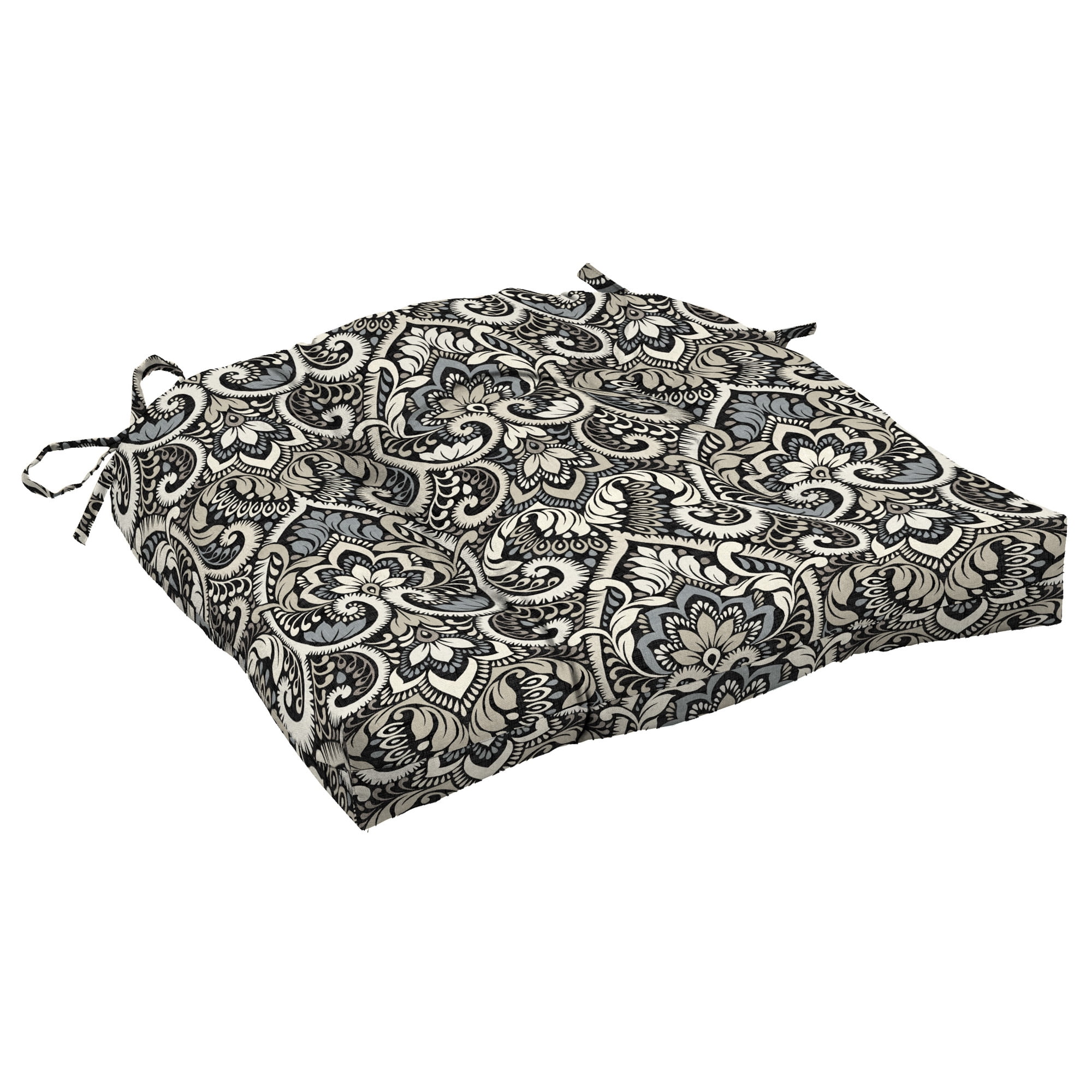 Black Aurora Damask Outdoor Wicker Chair Cushion, 20 x 18