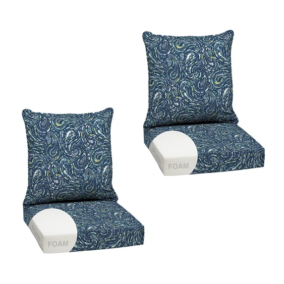 ARDEN earthFIBER Outdoor Foam Deep Seat Cushion (2-Pack), 24x24, Premium High-Density Foam, Never Flattens, Weather-Proof for Patio Chair Sofa Couch, Sapphire Blue Ridge Paisley