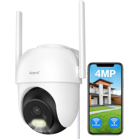 ARENTI Outdoor Security Camera, 4MP Home Surveillance WiFi Camera, Plug-in, Pan/Tilt, 2.4G/5GHz Dual Bands, Color Night Vision, Sound/Light Alarm, AI Human Filtering