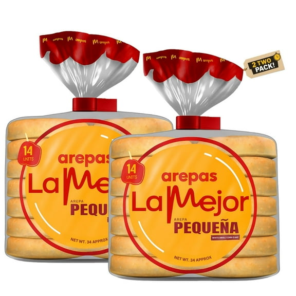 AREPAS LA MEJOR Small Colombian Arepas White Corn Tortilla with Authentic Flavor (2 Pack x 14 Arepas)
