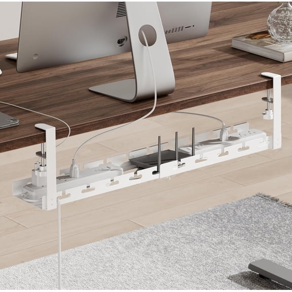ARES WING 17"-28.7" Extendable Under Desk Cable Management Tray with Cable Slots Clamp On Cord Organizer White
