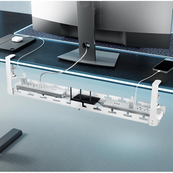ARES WING Adjustable Under Desk Cable Management Tray, 17–28.7 in, Clamp-On Cord Organizer with Cable Slots, White