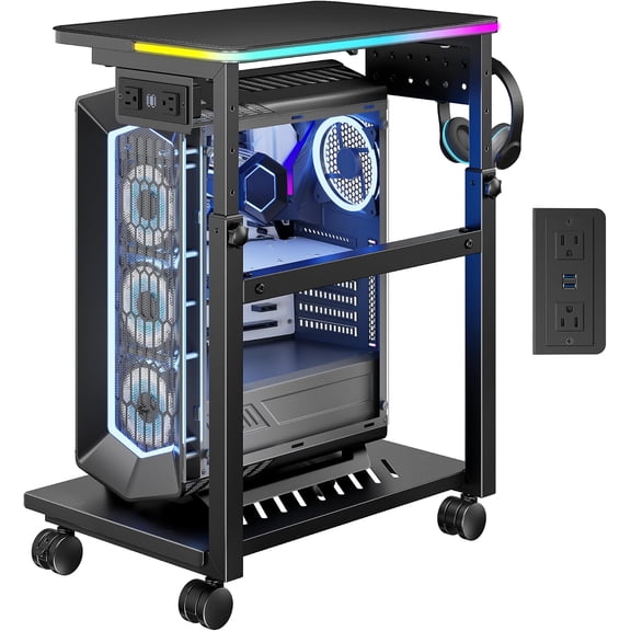 ARES WING Adjustable Computer Tower Stand with RGB LED, USB Port, Locking Casters, 2-Tier Rolling CPU Stand