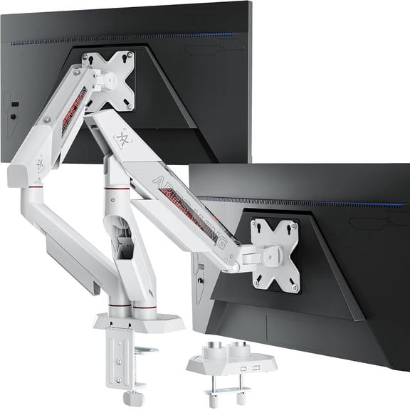 ARES WING Dual Monitor Arm for 17–35 Inch Flat & Curved Ultrawide Screens, Supports up to 26.5 lbs, Fully Adjustable Dual Monitor Mount with C-Clamp & Grommet Base, 75/100 VESA, White