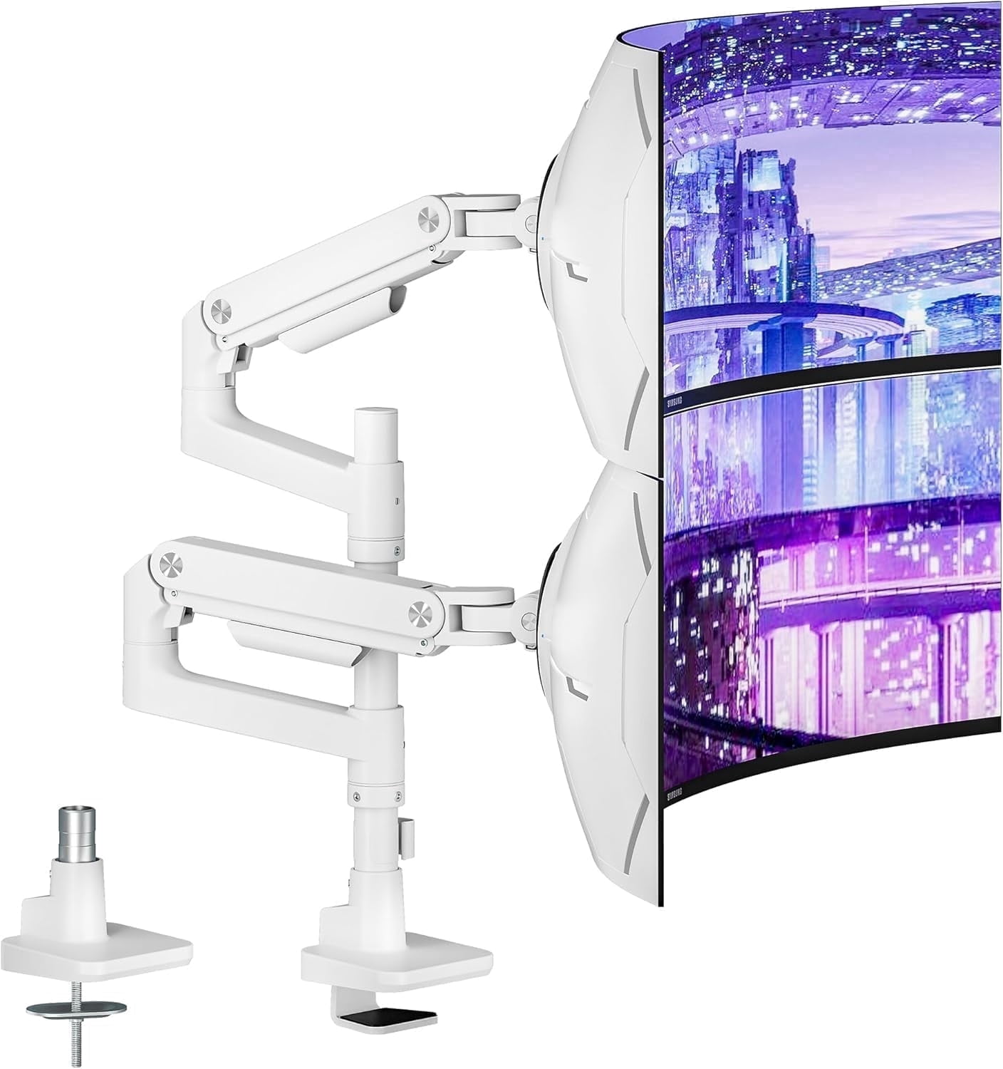 ARES WING Dual Monitor Arm Desk Mount for 17–49" Ultrawide Monitors, Heavy Duty Gas Spring Dual Monitor Mount Holds 44 lbs Each, Vertical Stacked, 75x75/100x100 VESA, White