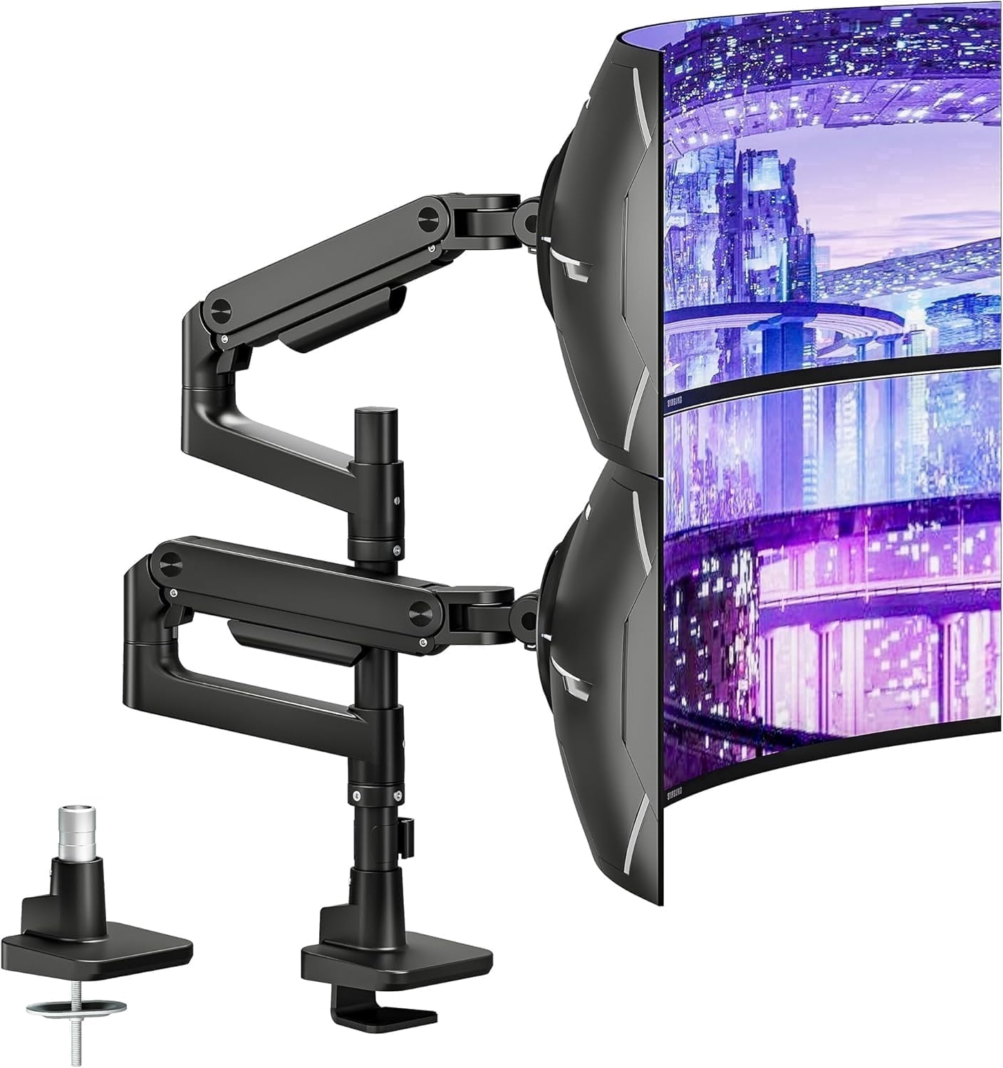 ARES WING Dual Monitor Arm Desk Mount for 17–49" Ultrawide Monitors, Heavy Duty Gas Spring Dual Monitor Mount Holds 44 lbs Each, Vertical Stacked, 75x75/100x100 VESA, Black