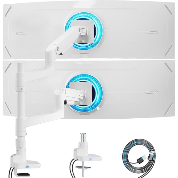 ARES WING Dual Monitor Arm for Ultrawide Heavy Duty Curved Monitor Stacking, Fits 17-49 Inch, Vertical Gas Spring Double Monitor Stand with USB, Adjustable Dual Monitor Mount for Desk, White