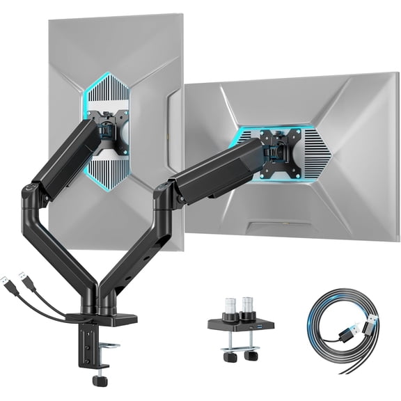 ARES WING Dual Monitor Mount, Heavy Duty Monitor Arms for 2 Monitors for 17-35 Inch, Fully Adjustable Monitor Desk Stand with USB A/C for Ultrawide Screen, VESA 75x75 or 100x100mm, Black