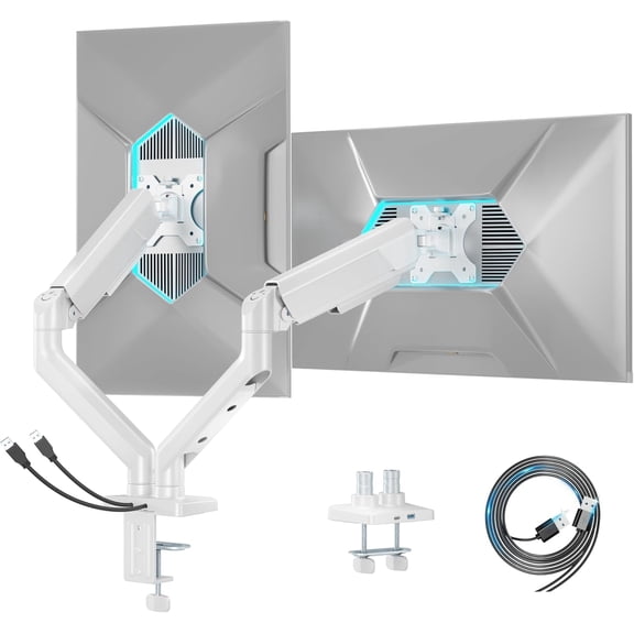 ARES WING Dual Monitor Mount, Heavy Duty Monitor Arms for 2 Monitors for 17-35 Inch, Fully Adjustable Monitor Desk Stand with USB A/C for Ultrawide Screen, VESA 75x75 or 100x100mm, White
