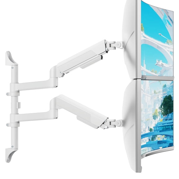 ARES WING Vertical Dual Monitor Wall Mount for 17"-40" Screens, Heavy Duty Adjustable Monitor Arm, Vertical Stacked Wall Mount with VESA 75x75/100x100, Holds up to 26.4 lbs per Screen, White