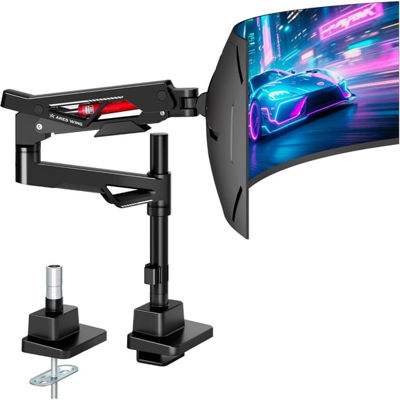 ARES WING Heavy Duty Monitor Arm for 2457 in Ultrawide Screens, Gas Spring Adjustable Desk Mount Holds Up to 66 lb, Tilt, Swivel & Rotation, VESA 75x75200x200, Clamp & Grommet, Black
