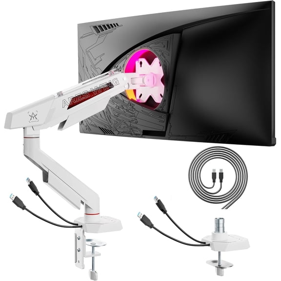 ARES WING Heavy Duty Single Monitor Arm with USB A/C for 17–40 Inch Flat & Curved Screens up to 26.4 lbs, Fully Adjustable Desk Mount with C-Clamp & Grommet Base, 75/100 VESA, White
