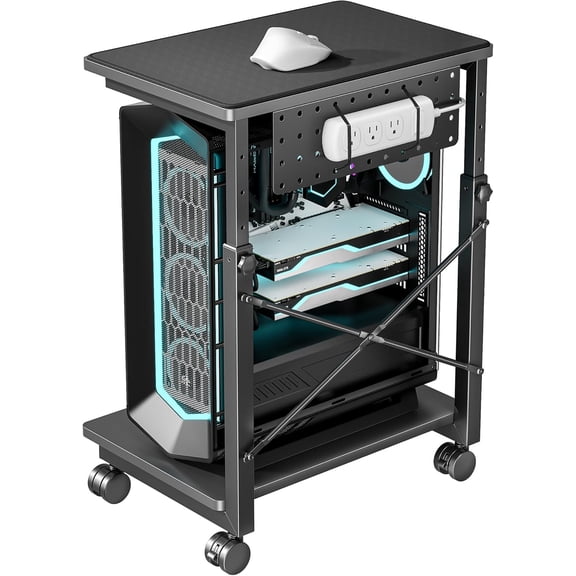 ARES WING Height Adjustable 2-Tier Computer Tower Stand, Rolling CPU Holder with Locking Wheels for Gaming & Home Office, Fits Most PC Towers, 21.7"–33.5" Adjustable Height, Matte Black