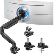 ARES WING Single Monitor Arm with USB, Heavy Duty Adjustable Monitor Arm for 13-49 Screens, Gas Spring Monitor Arm Desk Mount with Clamp & Grommet Base Holds up to 40 lb, VESA 75x75 100x100, Black