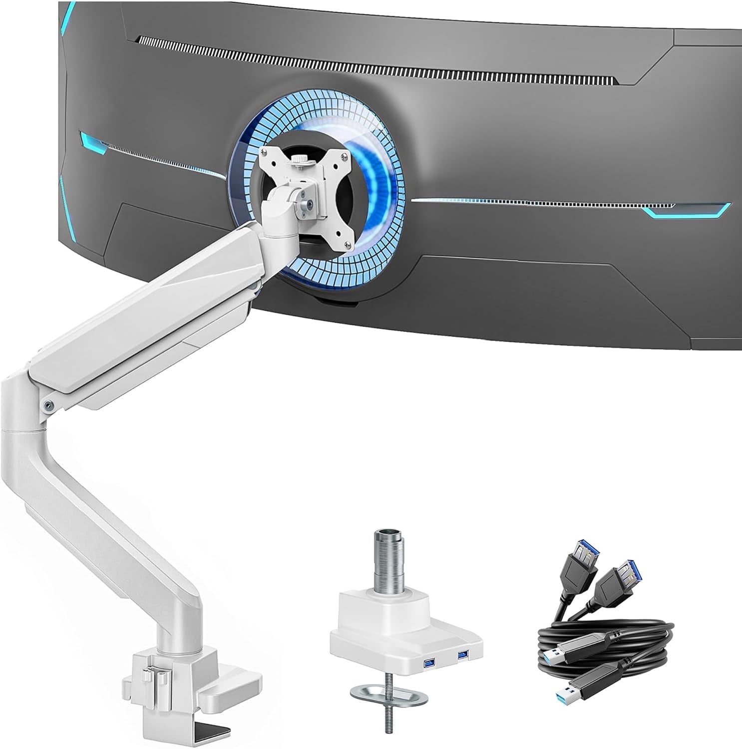 ARES WING Single Monitor Arm with USB, Heavy Duty Adjustable Monitor Arm for 13"-49" Screens, Gas Spring Monitor Arm Desk Mount with Clamp & Grommet Base Holds up to 40 lb, VESA 75x75 100x100, White