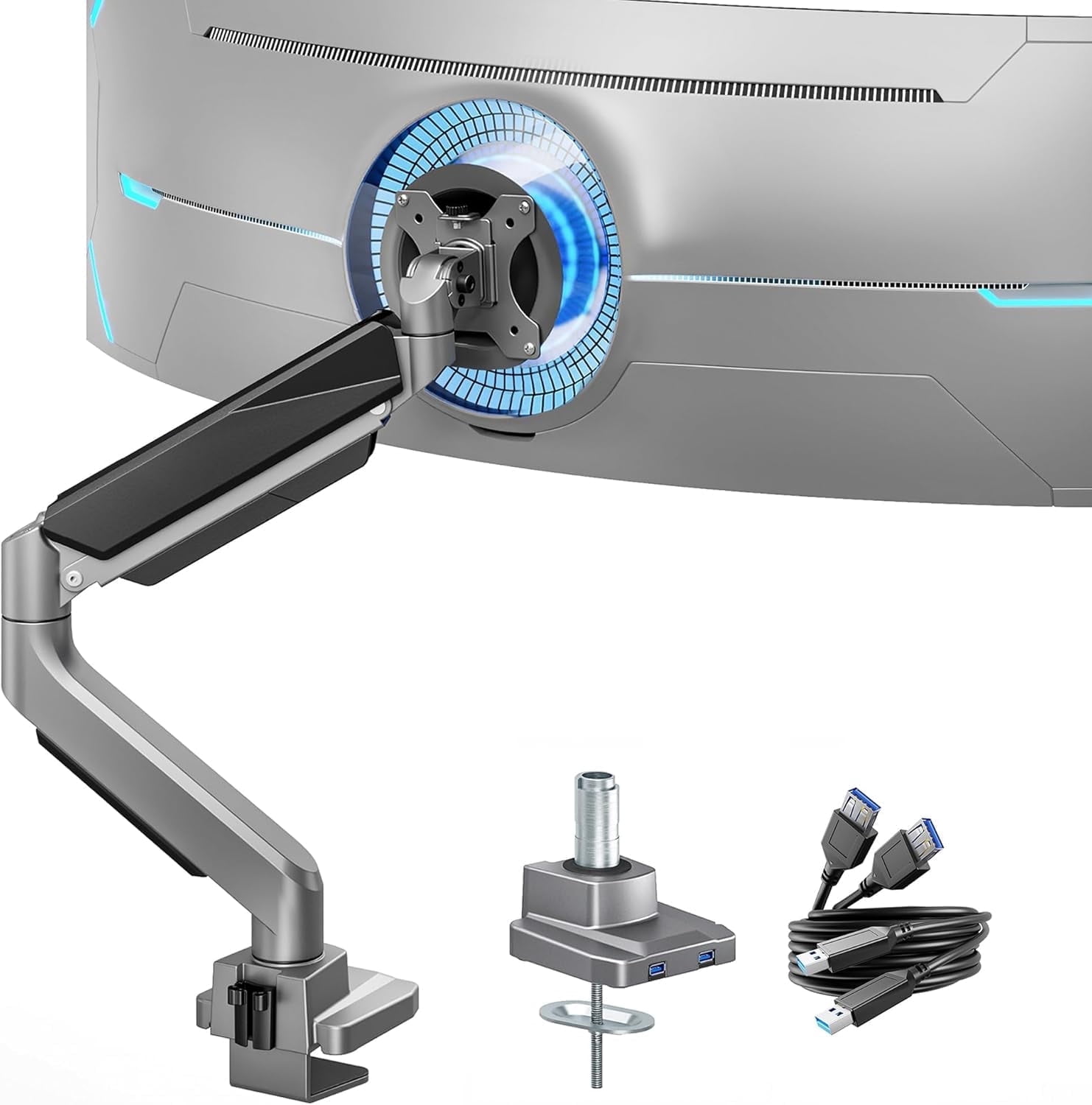 ARES WING Single Monitor Arm with USB, Heavy Duty Adjustable Monitor Arm for 13"-49" Screens, Gas Spring Monitor Arm Desk Mount with Clamp & Grommet Base Holds up to 40 lb, VESA 75x75 100x100, Grey
