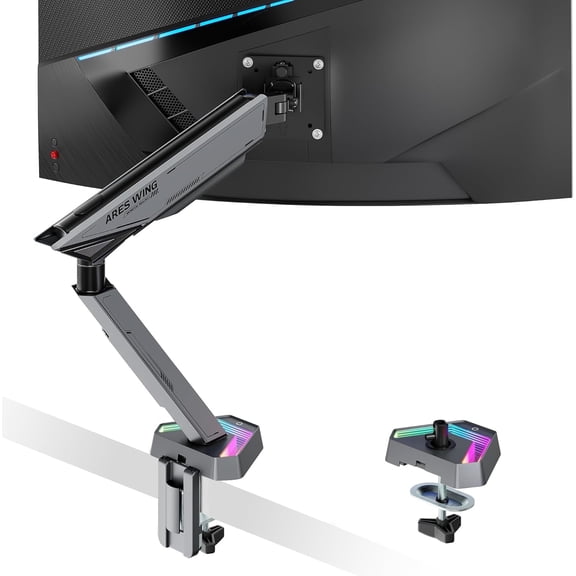 ARES WING RGB Single Monitor Arm Desk Mount for 17-45 inches Flat and Curved Monitors, Holds 35.2 lbs Heavy Duty, Adjustable Ultrawide Monitor Arm with Clamp & Grommet Base, 75/100 VESA Mount, Gray