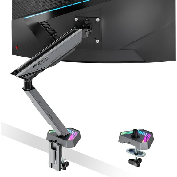 ARES WING RGB Single Monitor Arm Desk Mount for 17-45 inches Flat and Curved Monitors, Holds 35.2 lbs Heavy Duty, Adjustable Ultrawide Monitor Arm with Clamp & Grommet Base, 75/100 VESA Mount, Gray