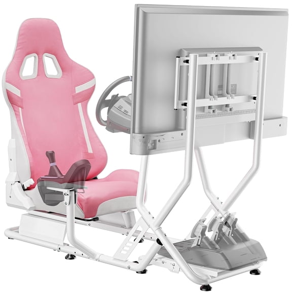 ARES WING Racing Simulator Cockpit with Gaming Chair and Monitor Mount Fit Logitech Thrustmaster Xbox Pink-white